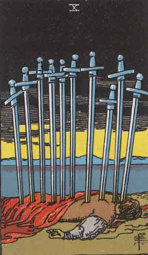 Which tarot card indicates grief? Ten of Swords