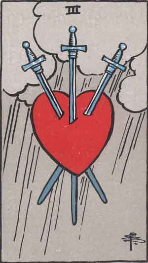 Which tarot card indicates grief? Three of Swords