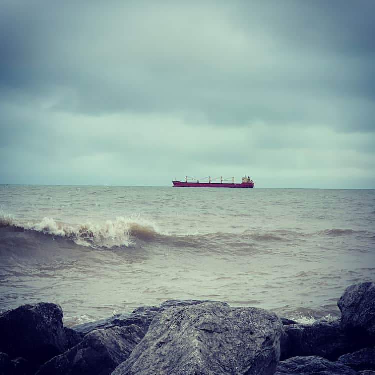A ship on Lake Michigan on a windy December day. 